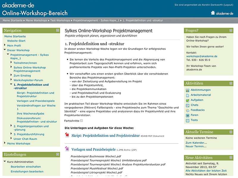 akademie.de Workshop-Plattform: Aufbau der Website
